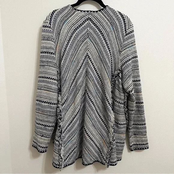 Woven Blanket Open Front Pottery Cardigan boho large cream blue cotton relaxed - Picture 4 of 10